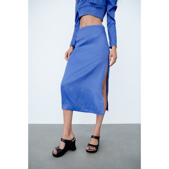 Zara Satin Side Slit Spotted Midi Skirt - Picture 6 of 12
